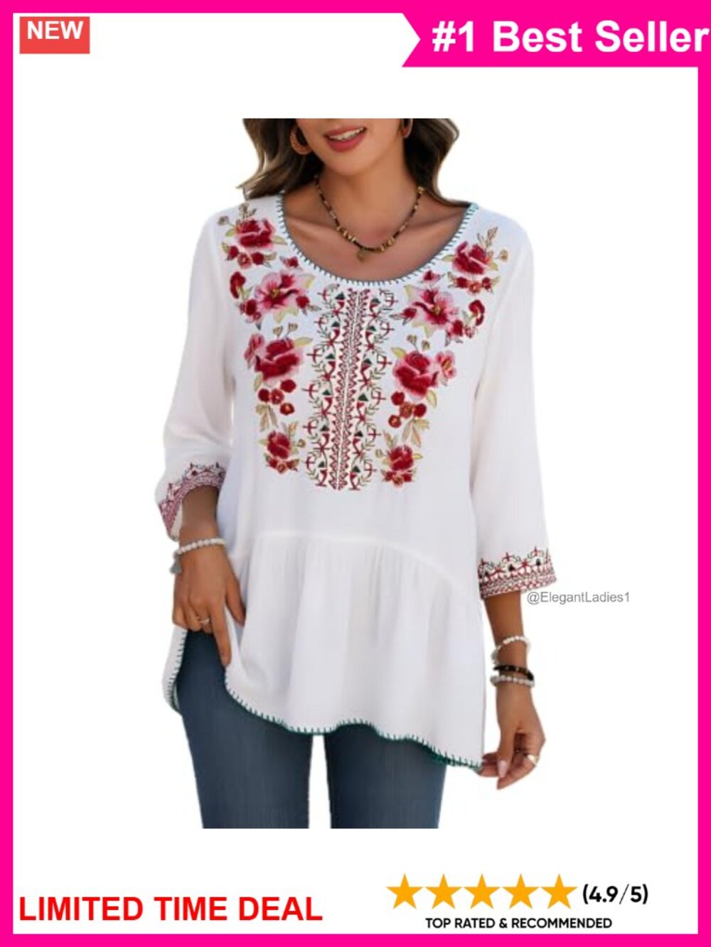 Higustar Mexican Embroidered Peasant Tunic Top Cotton 3/4 Sleeve Boho